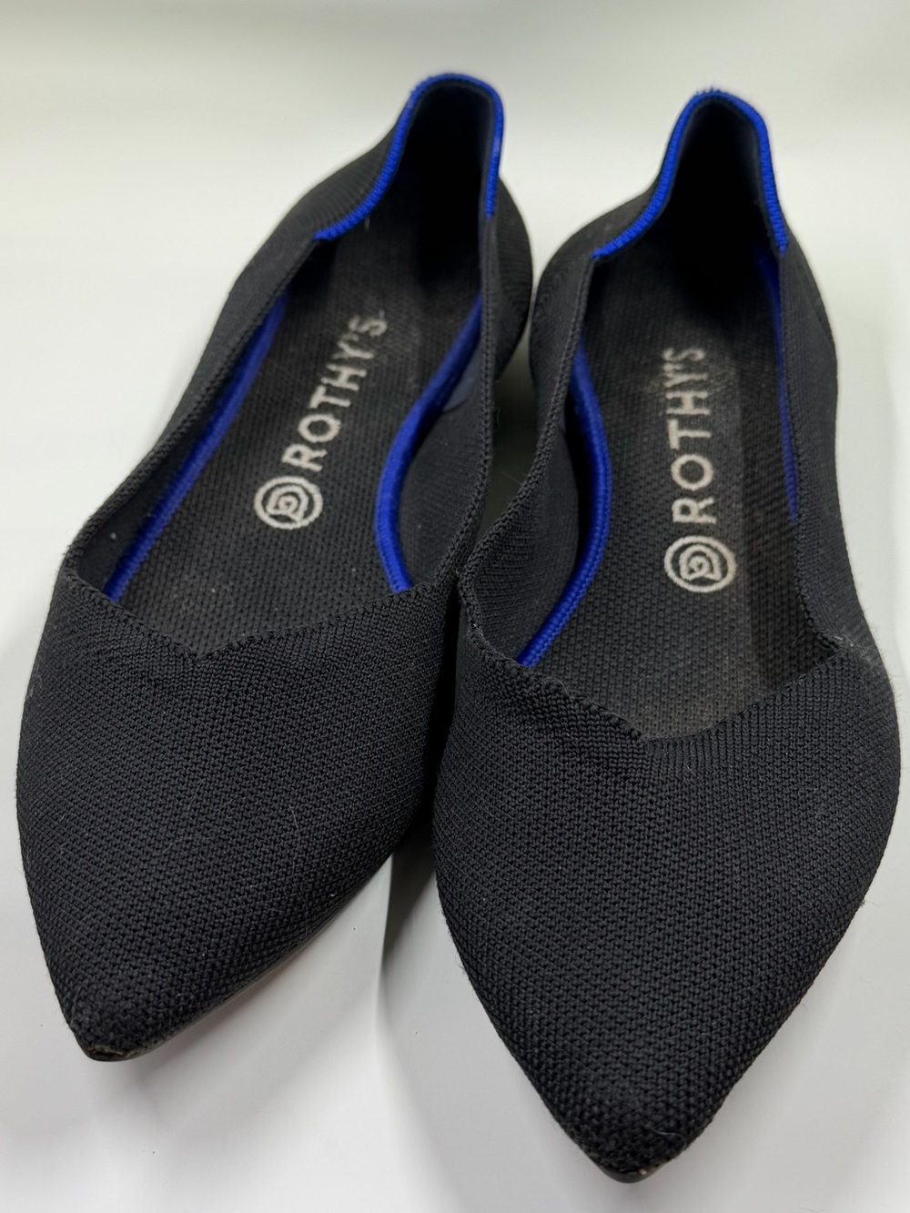 Rothy's Pointed-Toe Black Flats with Blue Trim - size 10.5